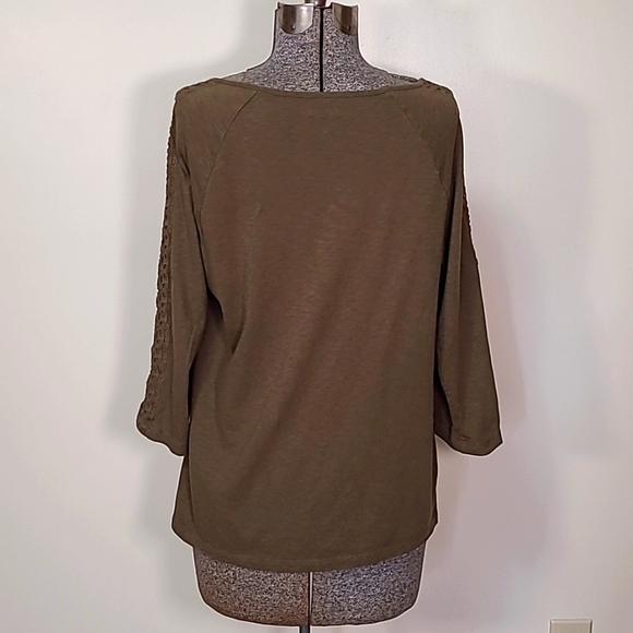 Talbots 3/4 Sleeve Knit Top Eyelet Lace Tie Neck Olive Green Large Petite - Picture 4 of 6